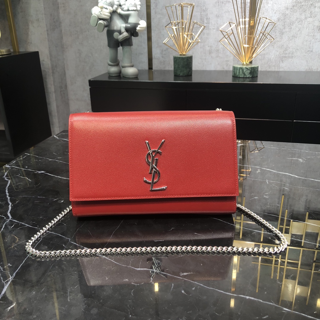 Saint Laurent Kate Medium Grain Calfskin Shoulder Bag Handbag Red 364021 Silver